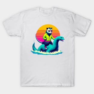 Opossum Retrowave Sunset Ride Featuring Stylish Funny T-Shirt